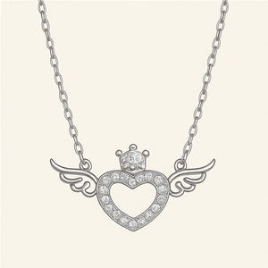 Silver Crowned Winged Heart Necklace - PEACORA