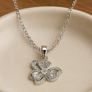 Silver Floral Crystal Pendant Necklace - PEACORA
