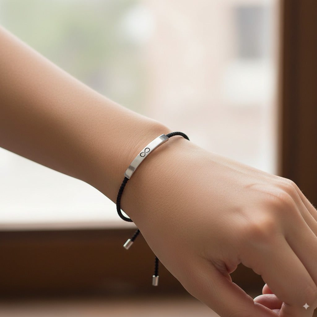 Custom Engraved Silver Bar Adjustable Cord Bracelet — PEACORA