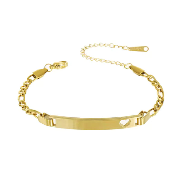 Gold Heart-Cut ID Plate Chain Bracelet — PEACORA