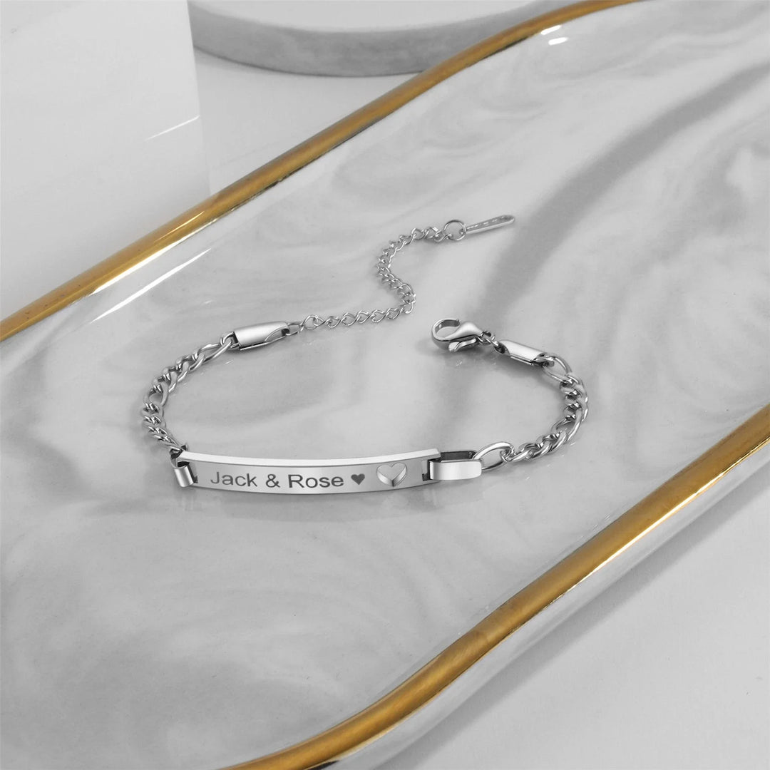 Silver Heart-Cut ID Plate Chain Bracelet — PEACORA