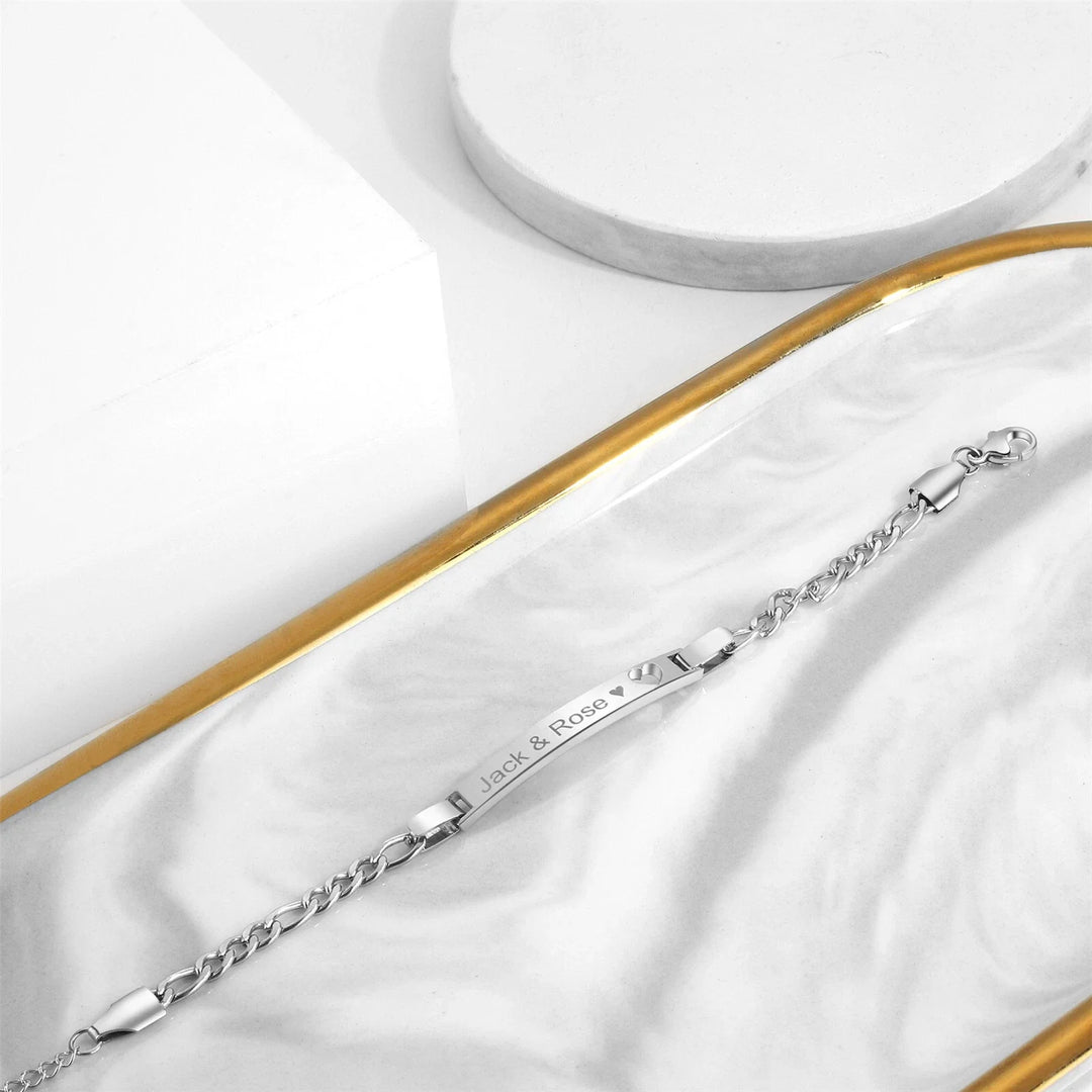 Silver Heart-Cut ID Plate Chain Bracelet — PEACORA