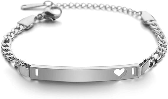 Silver Heart-Cut ID Plate Chain Bracelet — PEACORA
