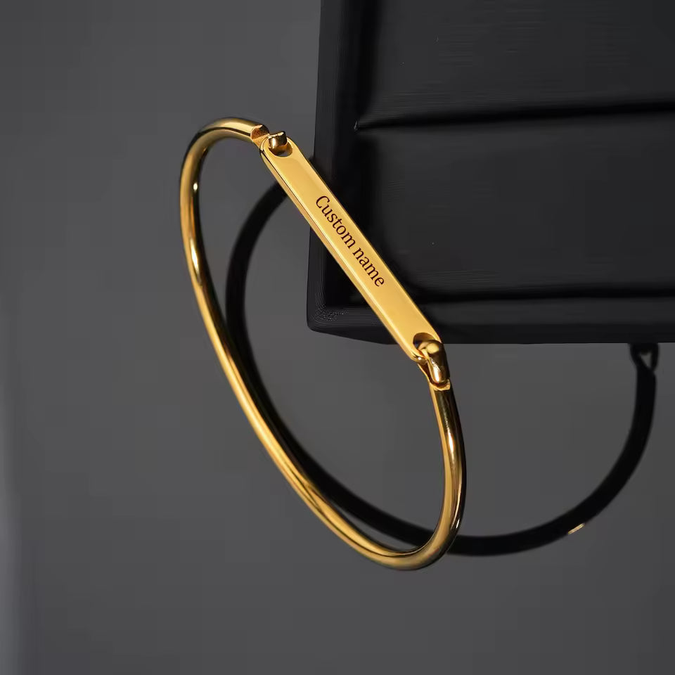 Gold Slim ID Plate Hinged Bangle — PEACORA