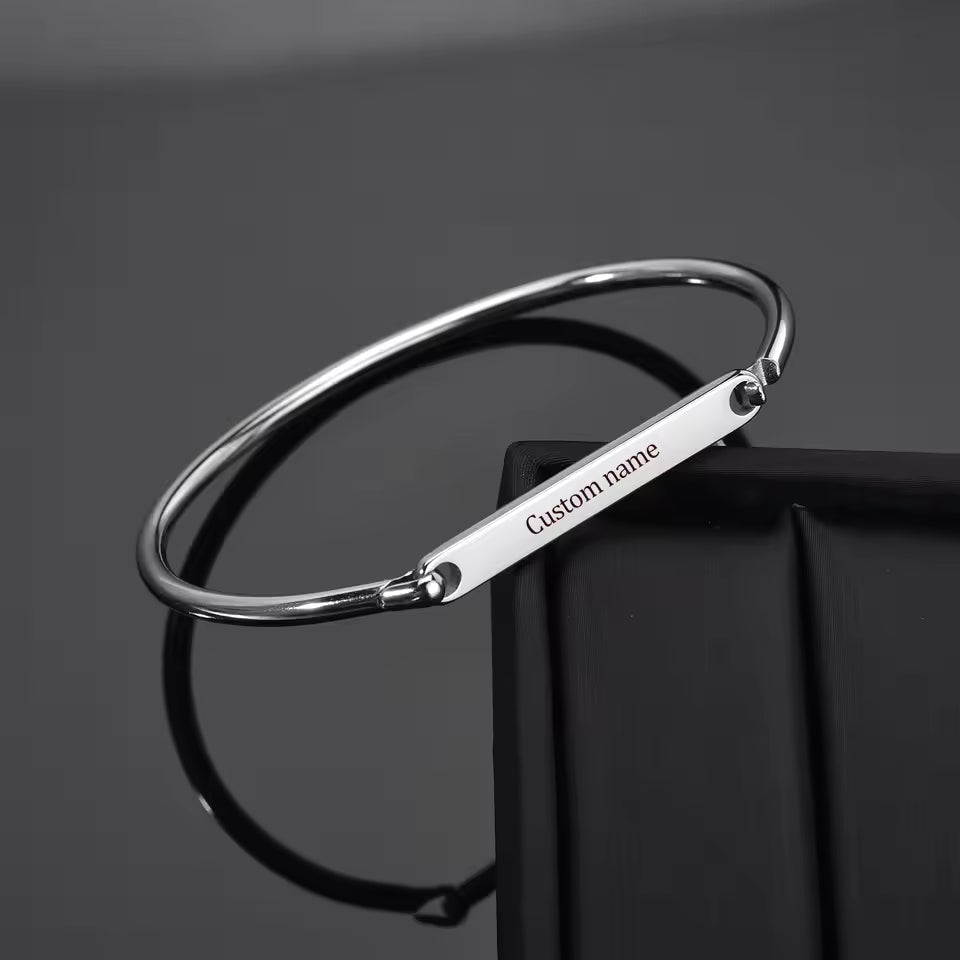 Silver Slim ID Plate Hinged Bangle — PEACORA