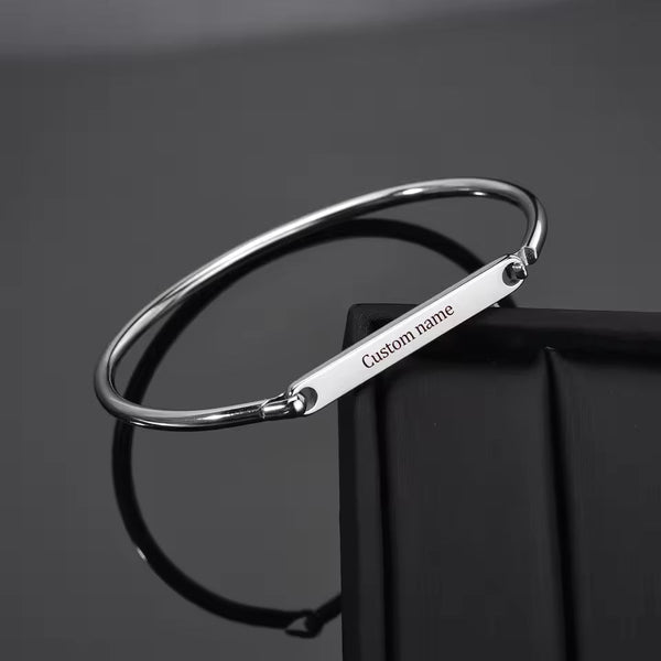 Silver Slim ID Plate Hinged Bangle — PEACORA