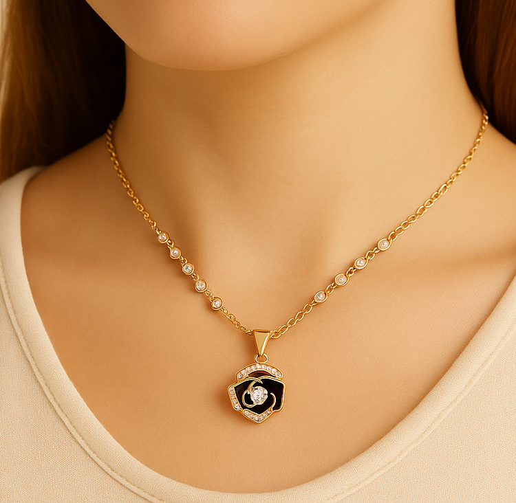 Rose Gold Black Rose Pendant Necklace - PEACORA