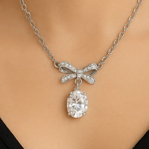 Oval Crystal Bow Necklace - PEACORA