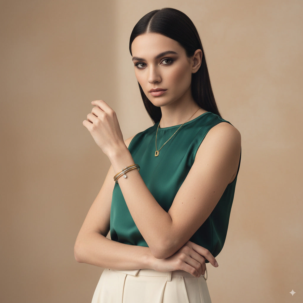 Dual-Tone Stainless Steel Bangle with Charm Accent