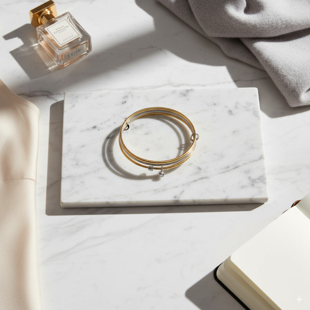 Dual-Tone Stainless Steel Bangle with Charm Accent