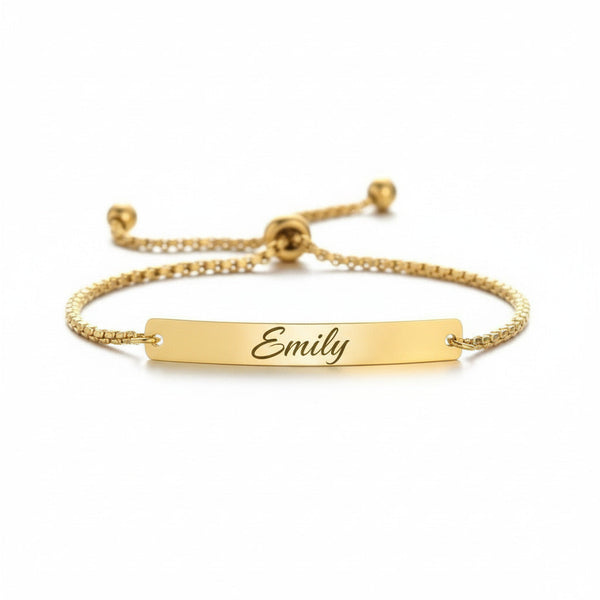 Custom Engraved Gold Bar Plate Slider Bracelet — PEACORA
