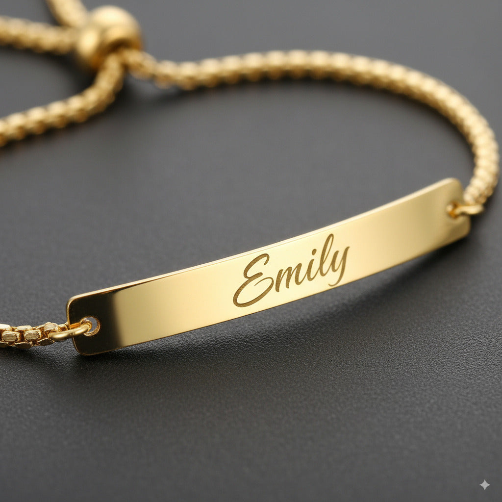 Custom Engraved Gold Bar Plate Slider Bracelet — PEACORA