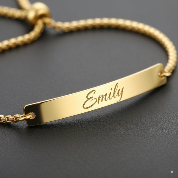 Custom Engraved Gold Bar Plate Slider Bracelet — PEACORA