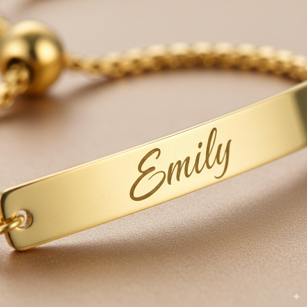 Custom Engraved Gold Bar Plate Slider Bracelet — PEACORA