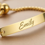 Load image into Gallery viewer, Custom Engraved Gold Bar Plate Slider Bracelet — PEACORA
