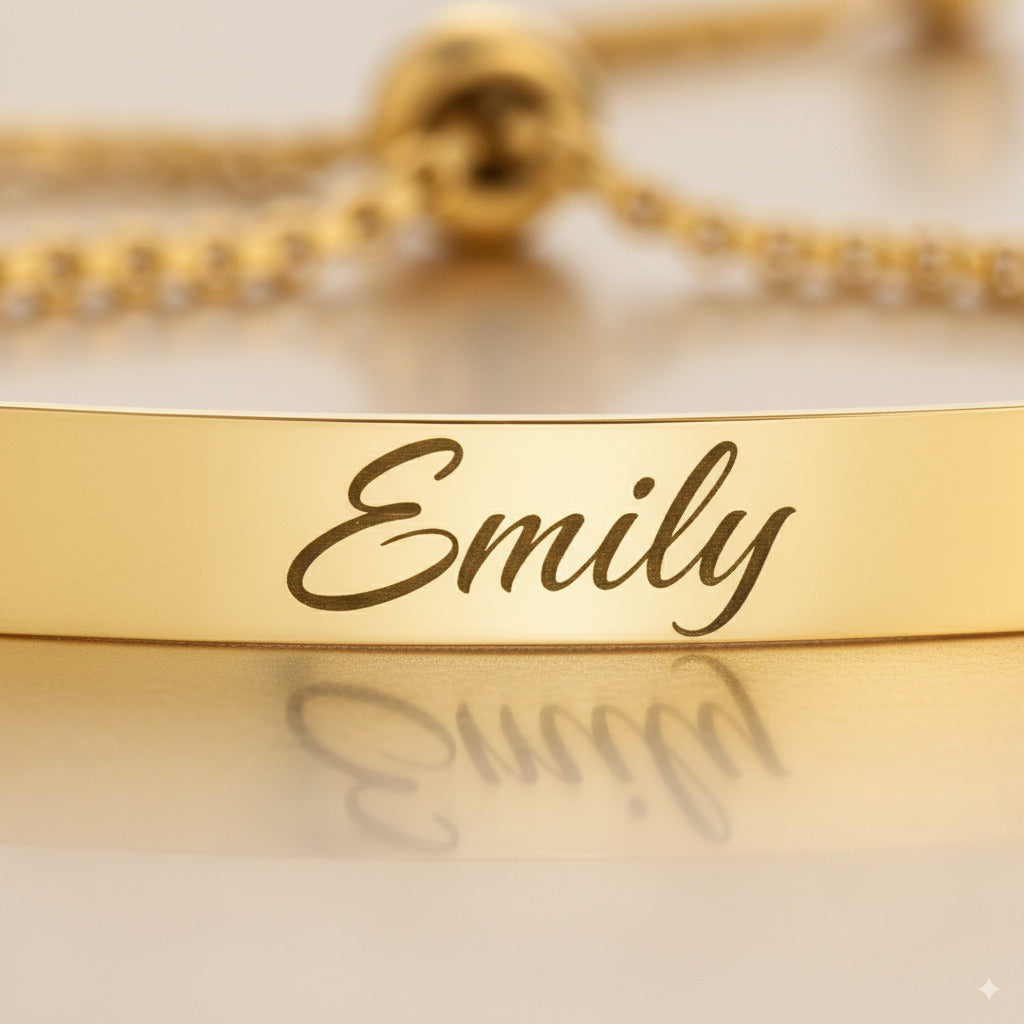 Custom Engraved Gold Bar Plate Slider Bracelet — PEACORA