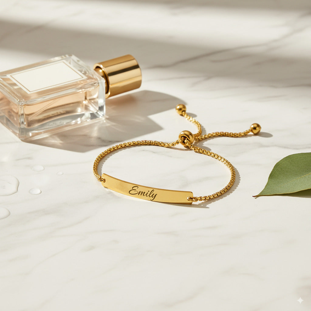 Custom Engraved Gold Bar Plate Slider Bracelet — PEACORA