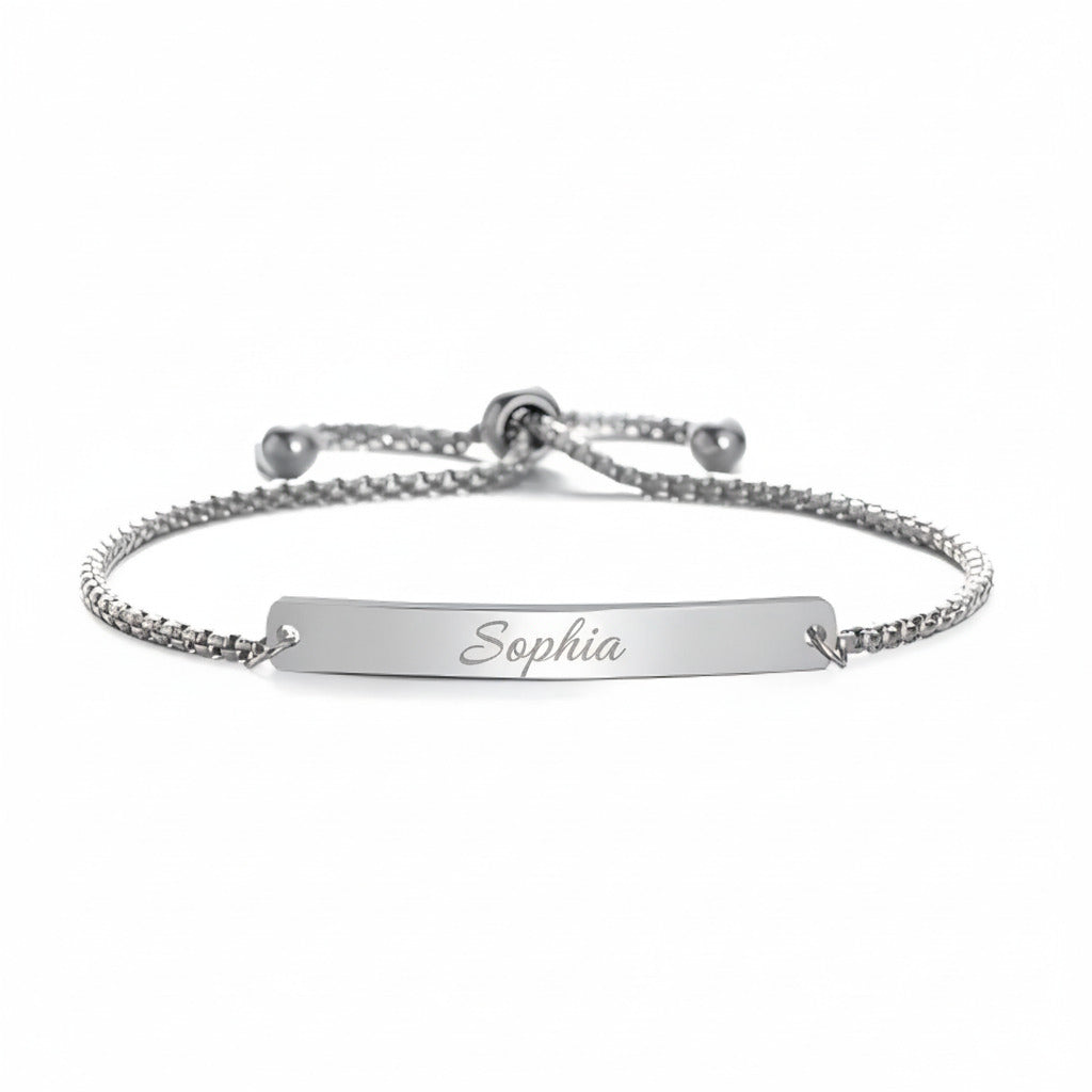 Custom Engraved Silver Bar Plate Slider Bracelet — PEACORA