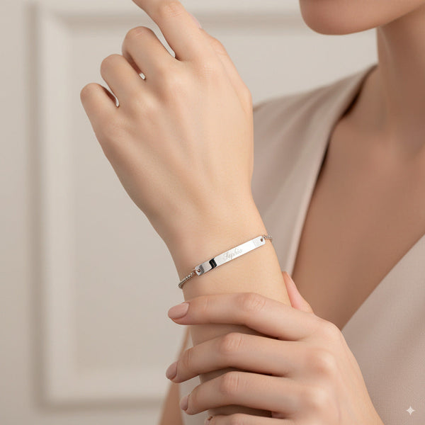 Custom Engraved Silver Bar Plate Slider Bracelet — PEACORA