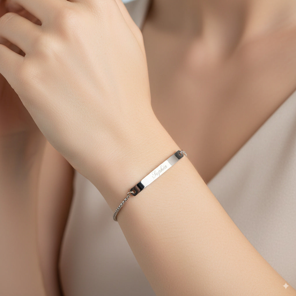 Custom Engraved Silver Bar Plate Slider Bracelet — PEACORA