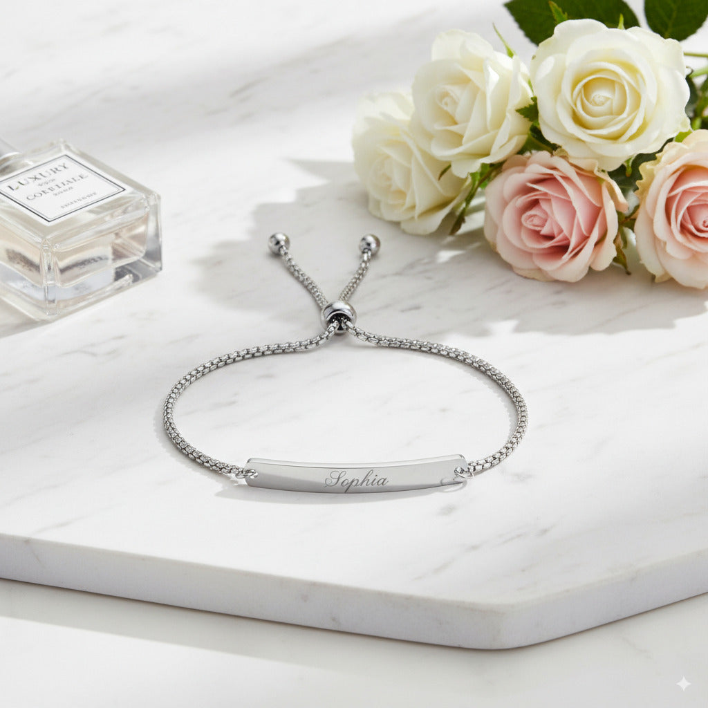 Custom Engraved Silver Bar Plate Slider Bracelet — PEACORA