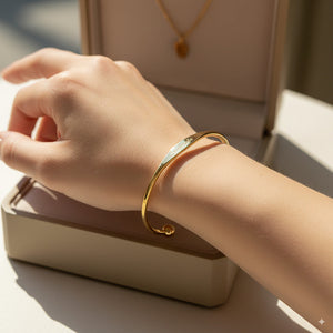 Custom Engraved Gold Tapered Plate Open Cuff Bangle By PEACORA