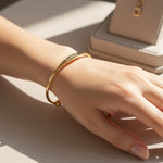 Load image into Gallery viewer, Custom Engraved Gold Tapered Plate Open Cuff Bangle By PEACORA
