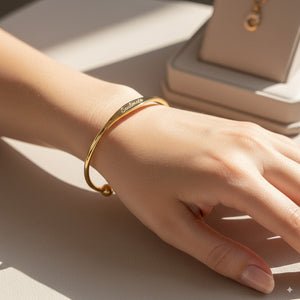 Custom Engraved Gold Tapered Plate Open Cuff Bangle By PEACORA