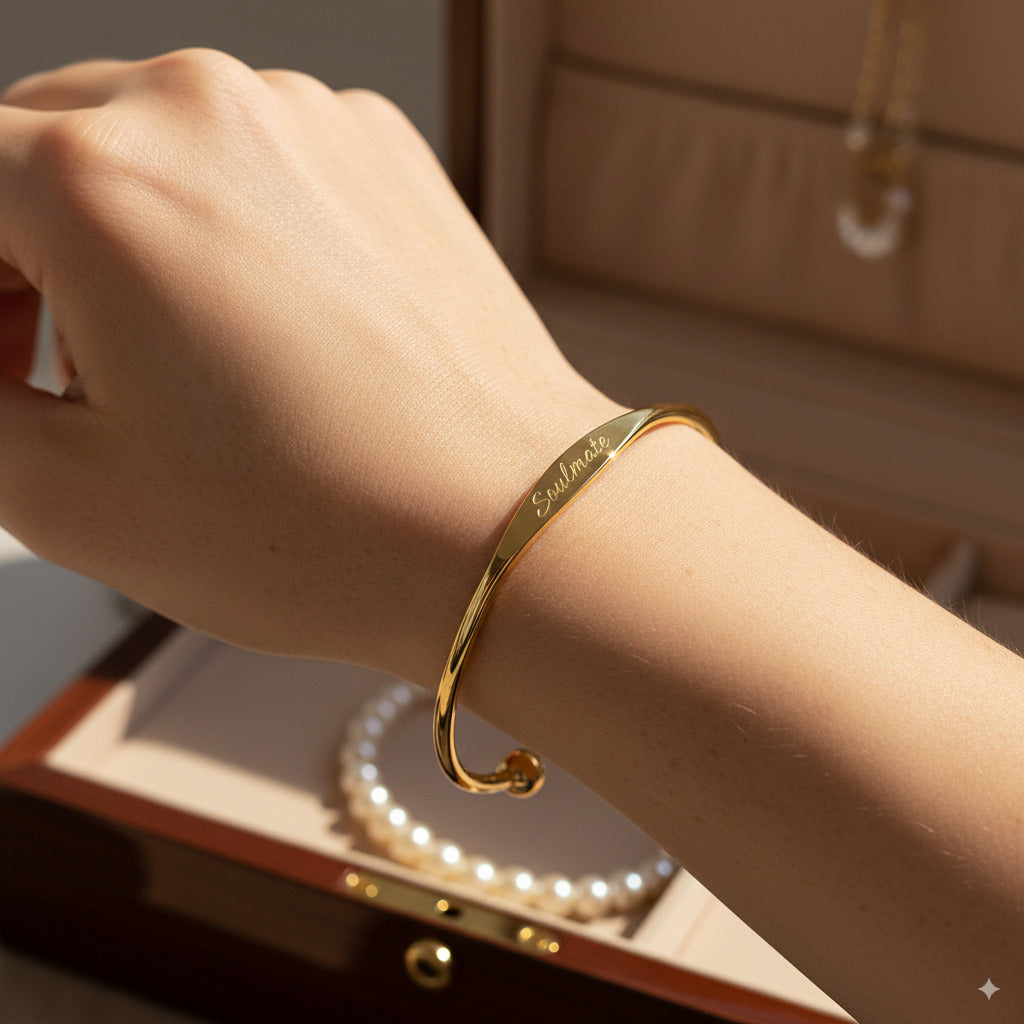 Custom Engraved Gold Tapered Plate Open Cuff Bangle By PEACORA