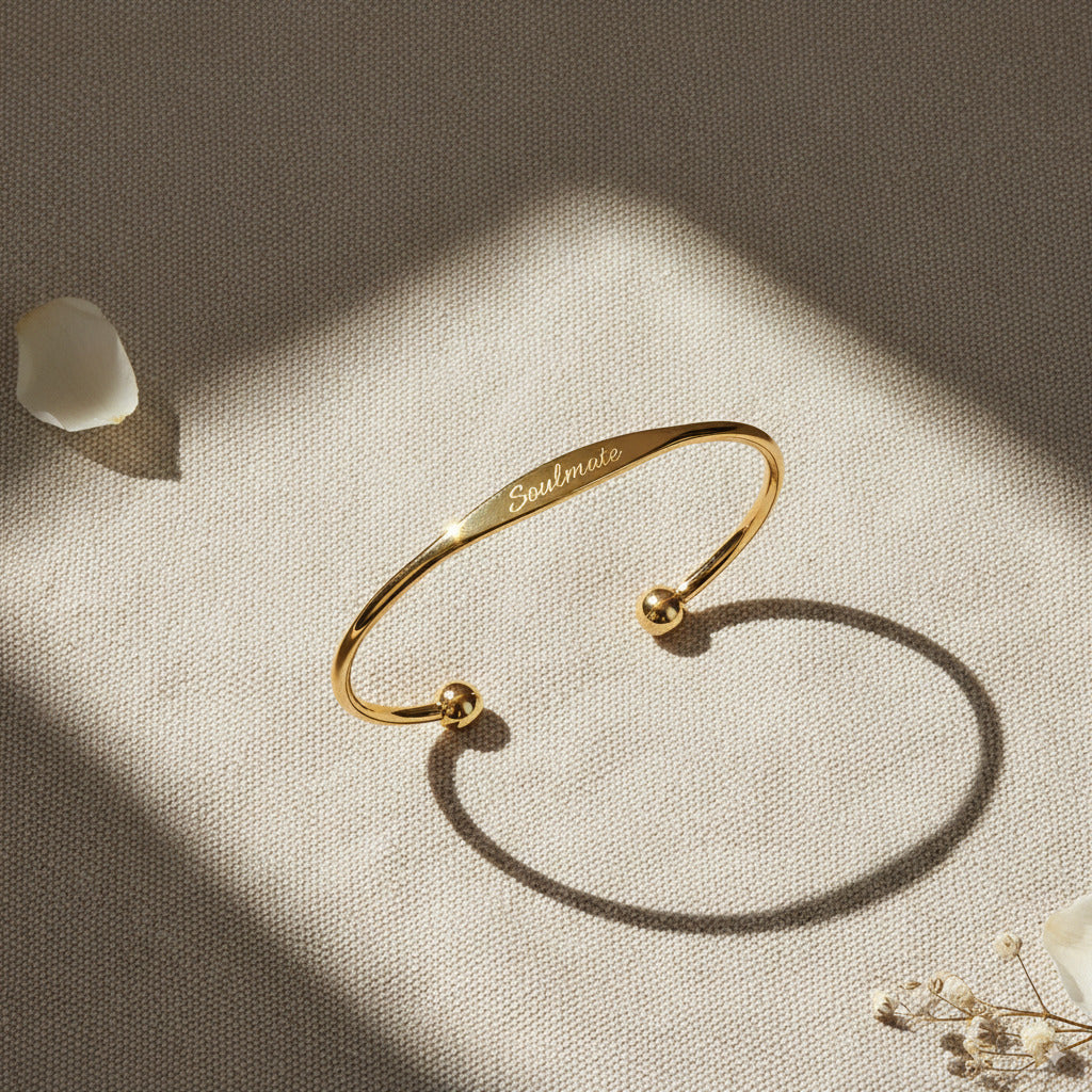 Custom Engraved Gold Tapered Plate Open Cuff Bangle By PEACORA