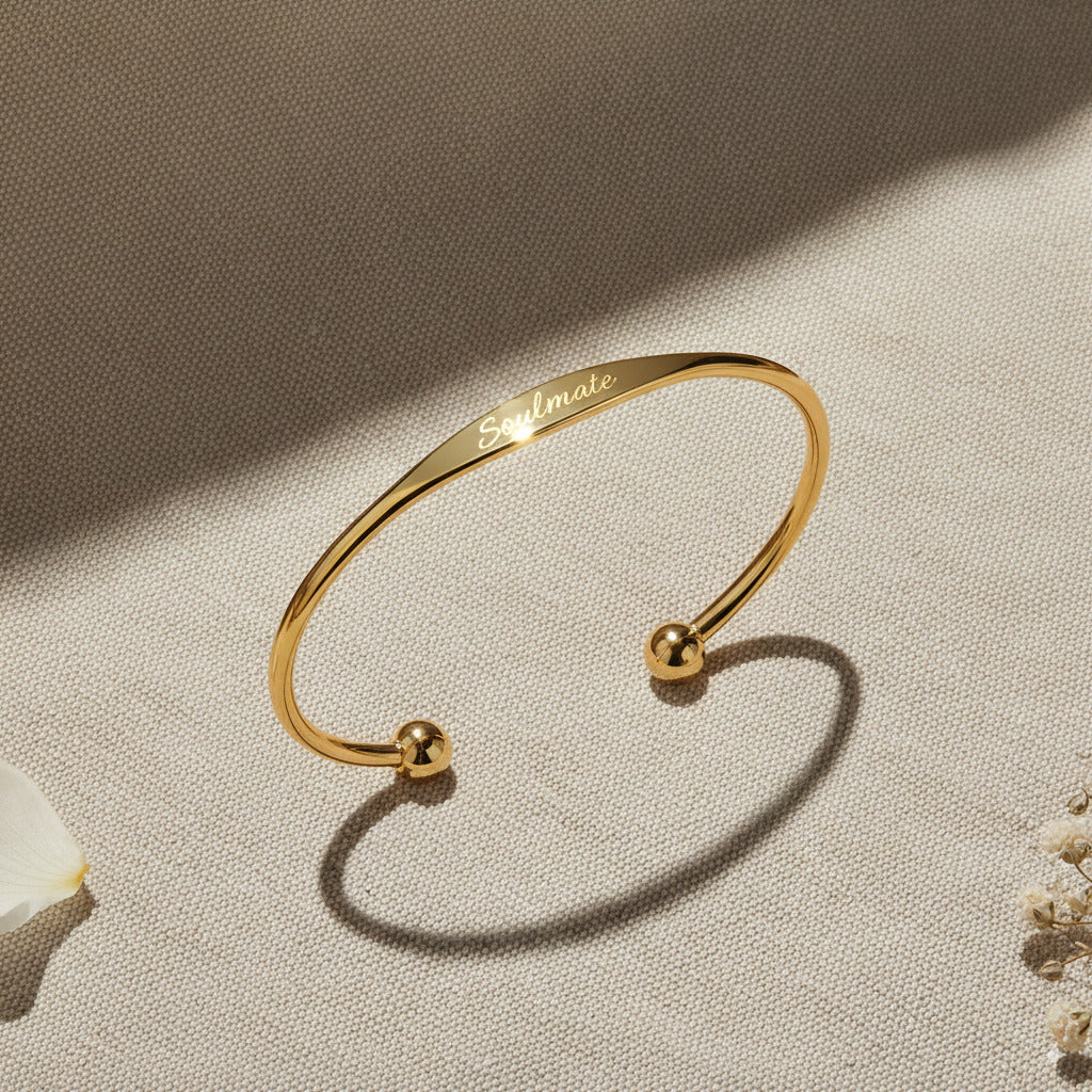 Custom Engraved Gold Tapered Plate Open Cuff Bangle By PEACORA