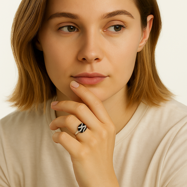 Black Enamel and Crystal Accent Ring - PEACORA
