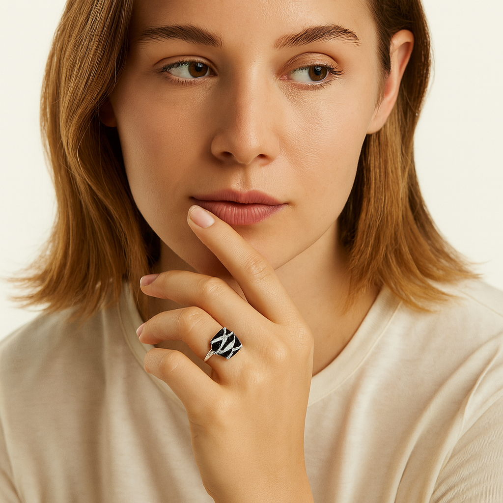 Black Enamel and Crystal Accent Ring