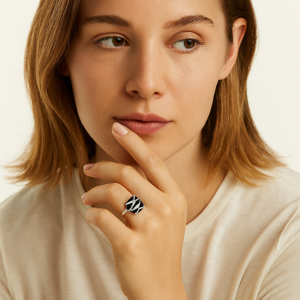 Black Enamel and Crystal Accent Ring
