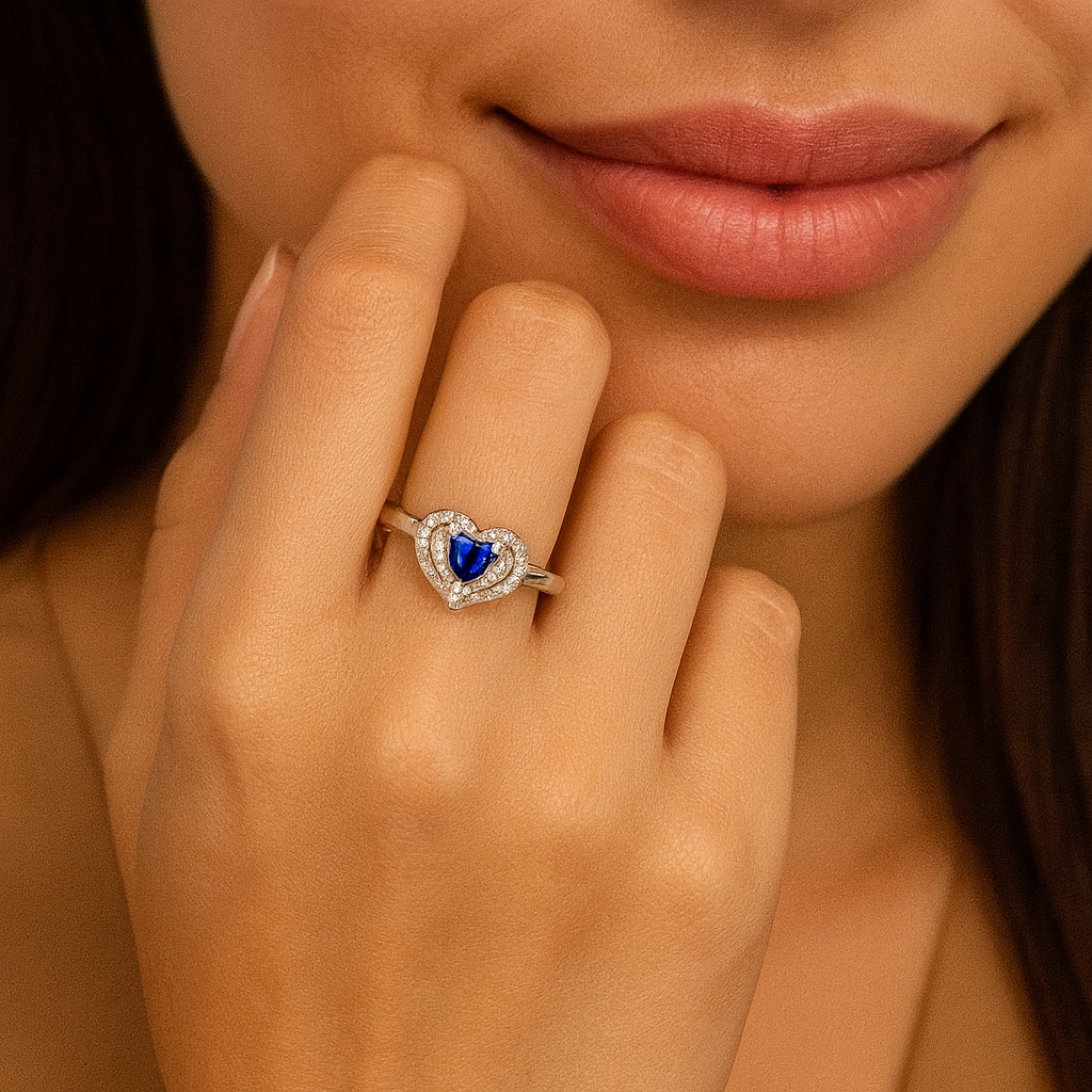 Sapphire Blue Heart Halo Promise Ring - PEACORA