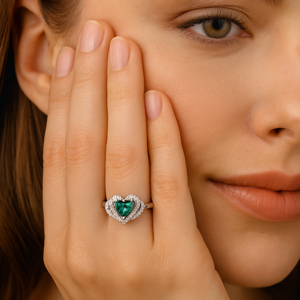 Emerald Green Heart Halo Promise Ring
