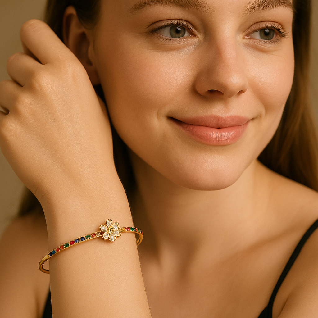 Floral Bliss 14K Plated Elegance Bangle - PEACORA