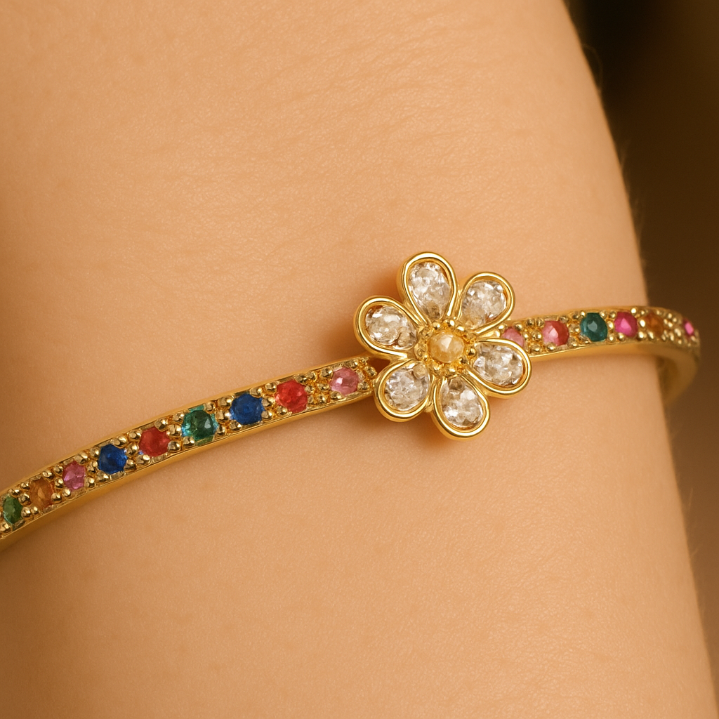 Floral Bliss 14K Plated Elegance Bangle - PEACORA