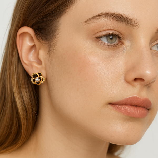 Black Enamel Gold Floral Studs - PEACORA
