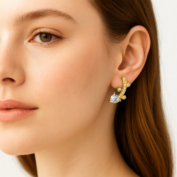 Gold Heart and Curve Stud Earrings - PEACORA