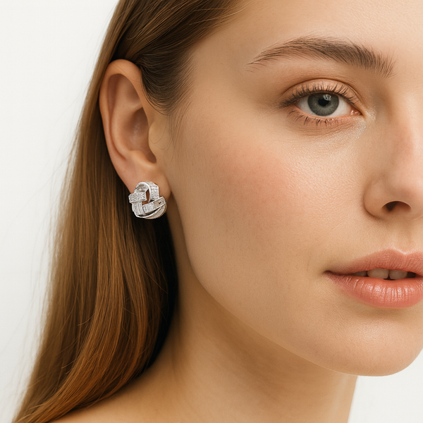 Silver Crystal Ribbon Heart Earrings - PEACORA