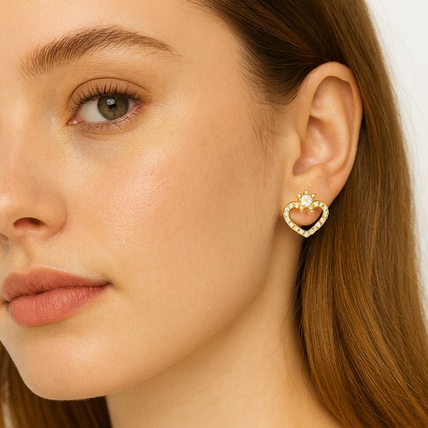Gold Heart Crown Stud Earrings - PEACORA