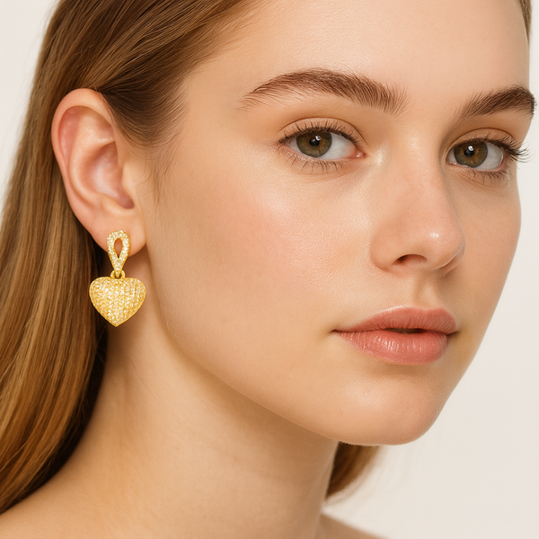Sparkling Gold Heart Drop Earrings - PEACORA