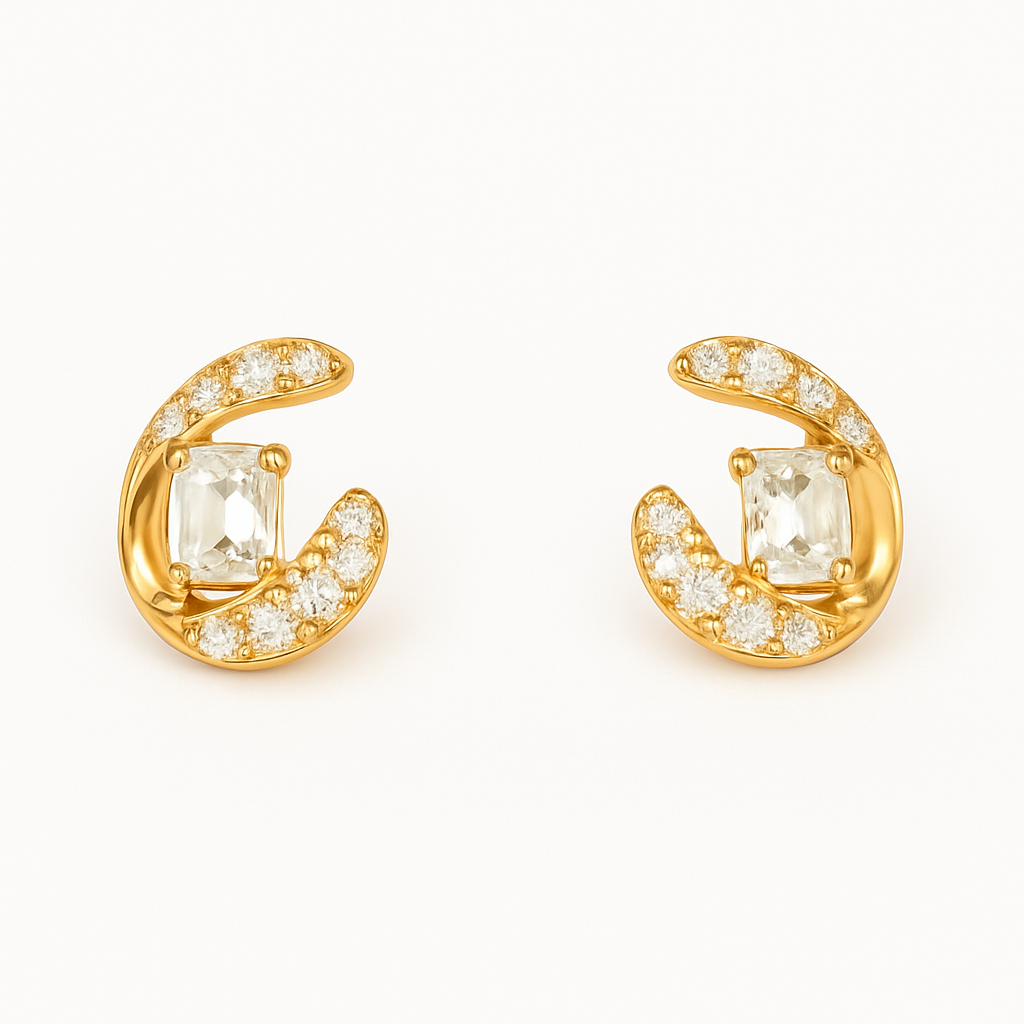 Gold Crescent Crystal Stud Earrings - PEACORA