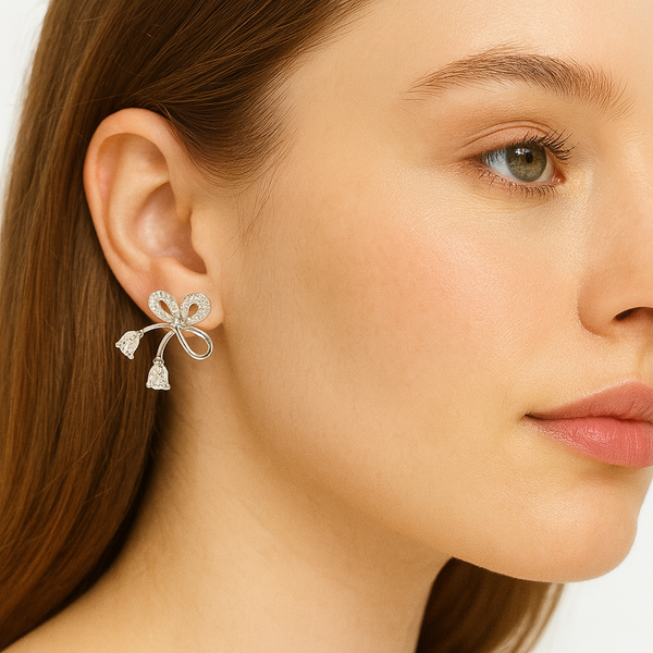 Silver Bow Drop Stud Earrings - PEACORA
