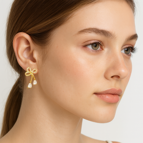 Golden Grace Bow Drop Earrings - PEACORA