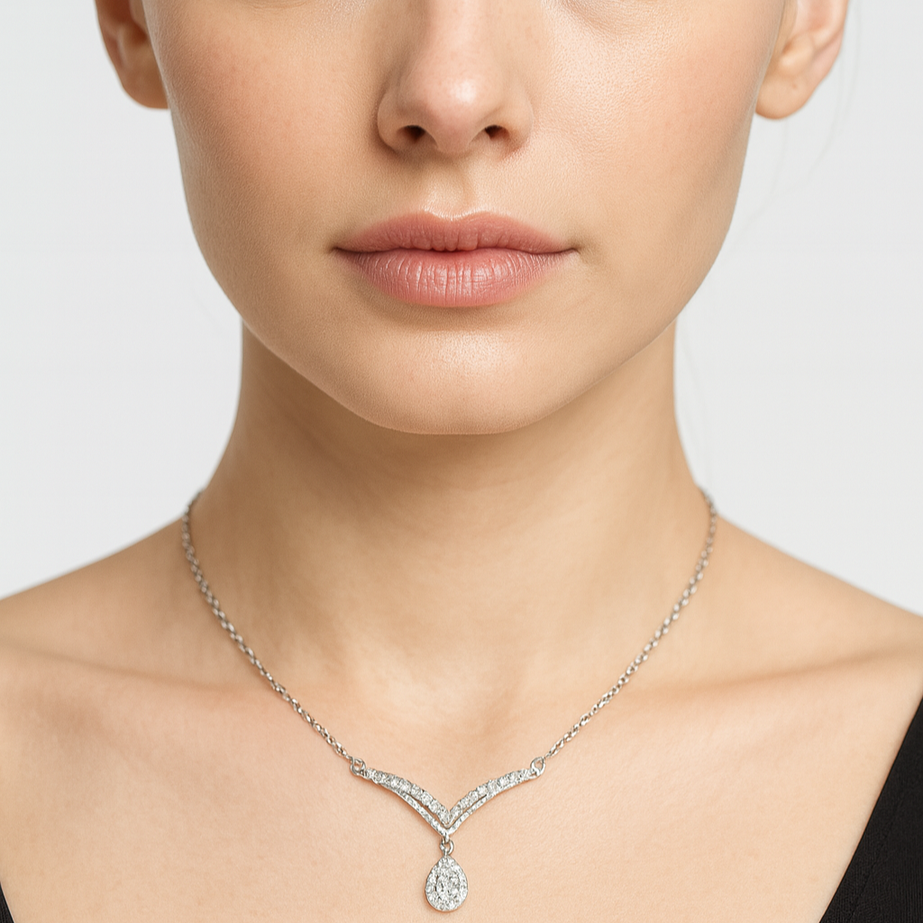 Silver Teardrop Crystal Pendant Necklace - PEACORA