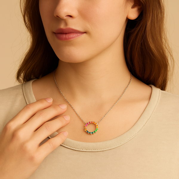 Rainbow Circle Gemstone Pendant Necklace