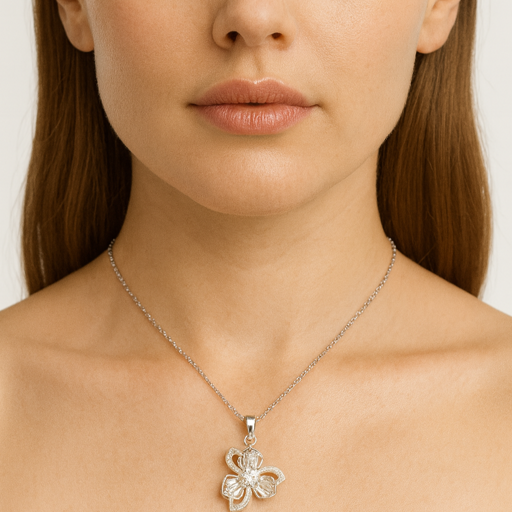 Silver Floral Crystal Pendant Necklace - PEACORA