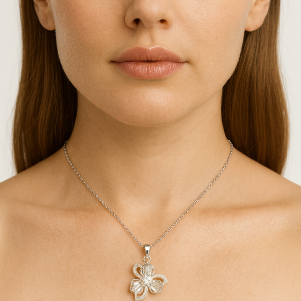 Silver Floral Crystal Pendant Necklace - PEACORA